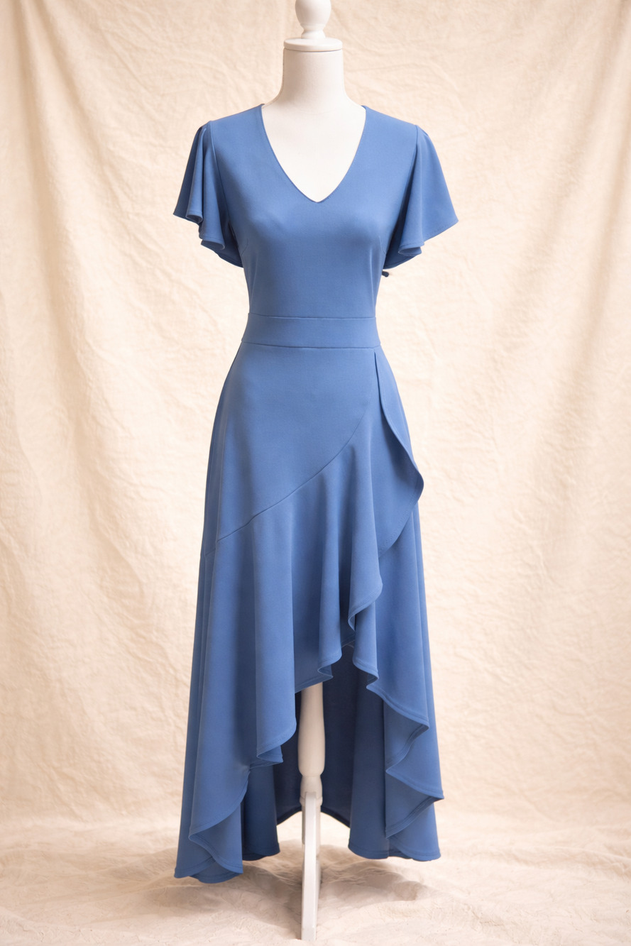 Musol Size L High Low Ruffle Midi Dress Vintage 70's Romantic Elegant Flutter